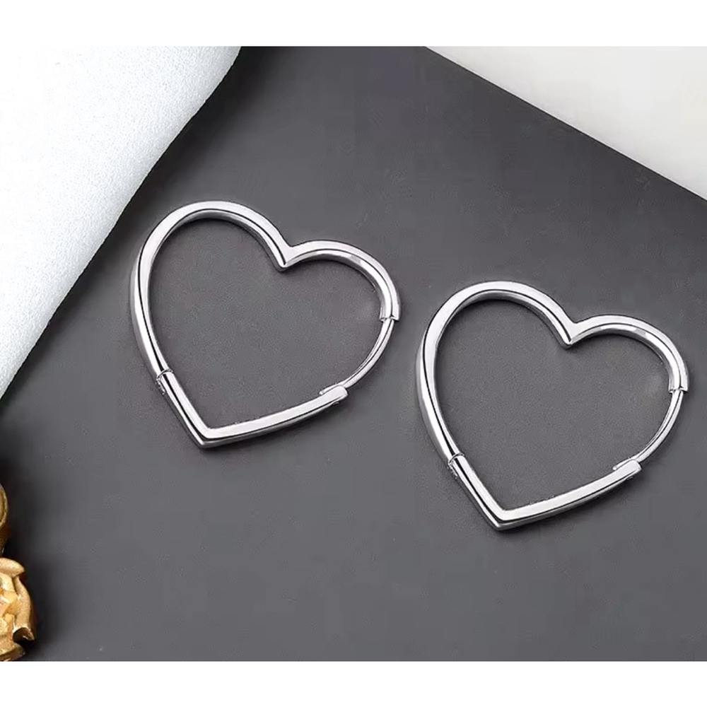 NEW Women's White‎ Gold Plated Sterling Hinged Heart Hoop Earrings, 28mm